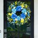 26 Inch Spring Wreaths for Front Door Outside Large Artificial Summer Wreath Silk Hydrangea Wreath with Yellow Daisy and Eucalyptus Leaves Indoor Outdoor Porch Rustic Farmhouse Home Wall Wedding Decor