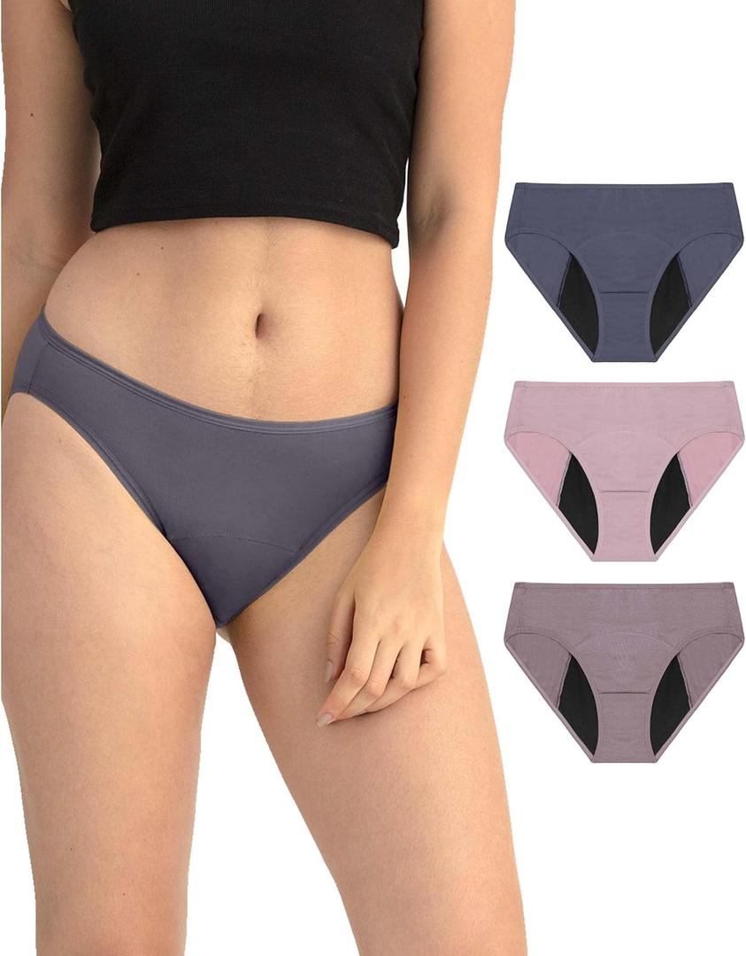 Neione Period Underwear Menstrual Panties High-Cut Cheeky Bikini Briefs Women Girls (Large, 3-pk Senses)