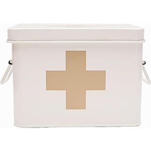 Lassos Boutique Retro Enameled First Aid Box for Medicine Storage and Home Decor with Lid and Removable Tray (White/Tan)