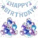 Yiran Mermaid Birthday Decorations: Happy Birthday Banner, 12inch Blue & Purple Balloons, Confetti Balloons, Ribbons - Ariel Theme - 23pcs