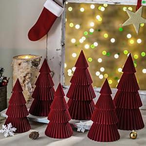 Thyle Burgundy Red 6 Pcs Velvet Christmas Tree Figurines - 6" 8" 10" 12" Winter Holiday Modern Cone Tabletop Decoration Set for Mantel Entryway Centerpiece Home Rustic Minimalist Tree Decor