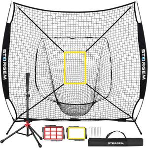 Storgem Baseball and Softball Practice Net 77ft Portable Hitting Pitching Batting Training Net Baseball Backstop Net with Batting Tee and Strike Zone and Bow Frame
