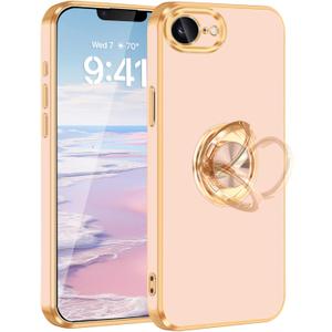 Fingic for iPhone 17e/ 16e Case, with 360 Rotatable Ring Holder Magnetic Kickstand, Shiny Plating Gold Edge Slim Soft TPU Shockproof Protective Cover for Women Men for iPhone 16e/ 17e 6.1",Rose Gold