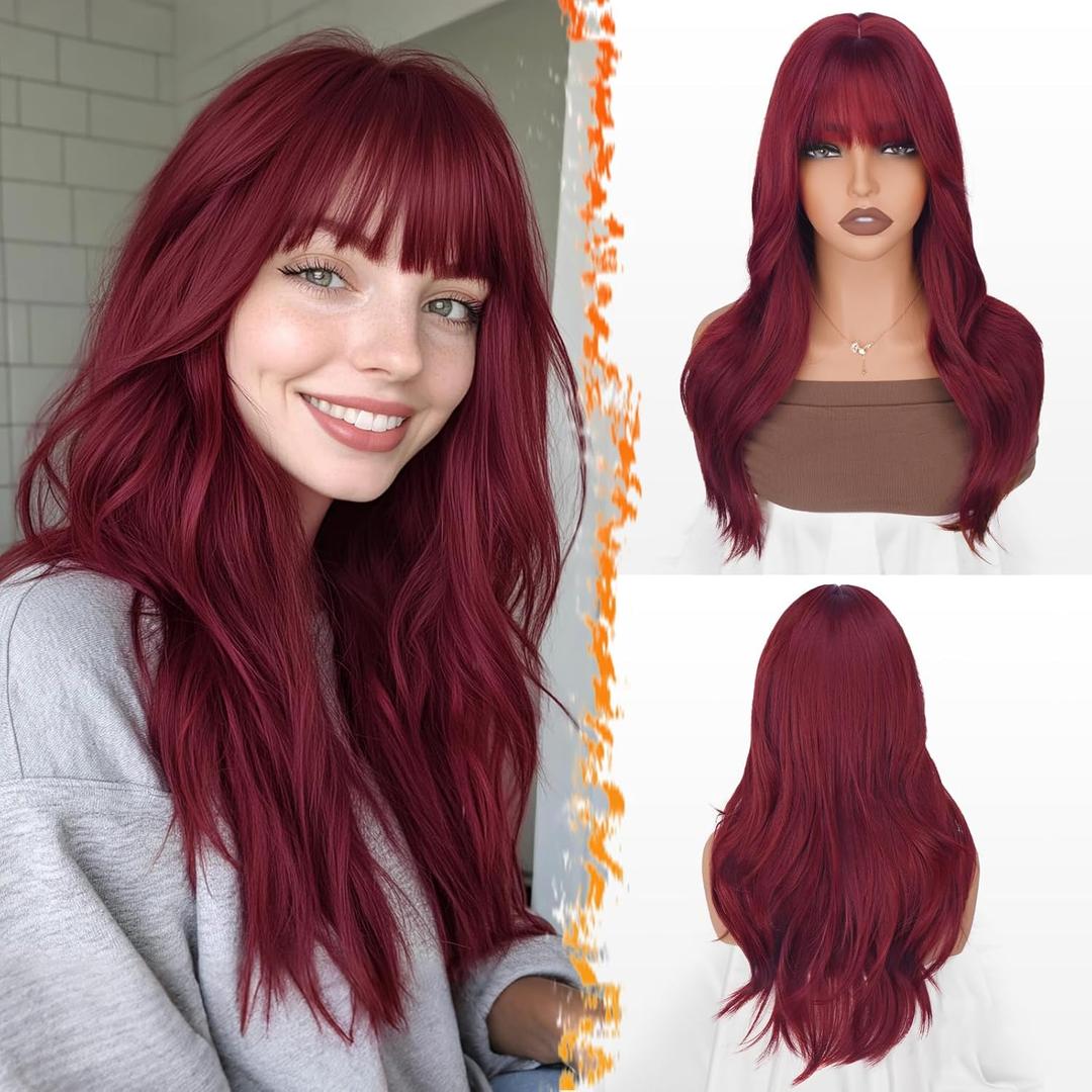 BARSDAR Burgundy Red Layered Wig with Bangs - 20 Inch Red Layered Wig with Bangs for Women - Natural Looking Soft Wavy Synthetic Wigs Straight Layers Haircut Fringe Daily Party Halloween