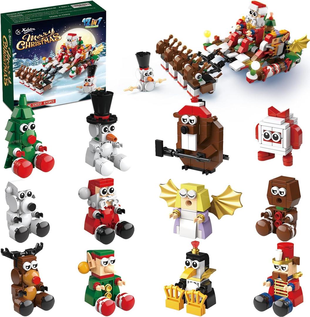 Christmas Party Favors 12 in 1 Building Blocks Set Gift, Christmas Toys Mini Cute Bricks 12 Pcs Advent Calendar Goodie Bags Fillers Classroom Prizes for Kids Boys or Girls 6-12