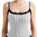 SUUKSESS Women Square Neck Lace Bodysuit Sleeveless Spaghetti Strap Tank Top (Medium, White Polka Dots)