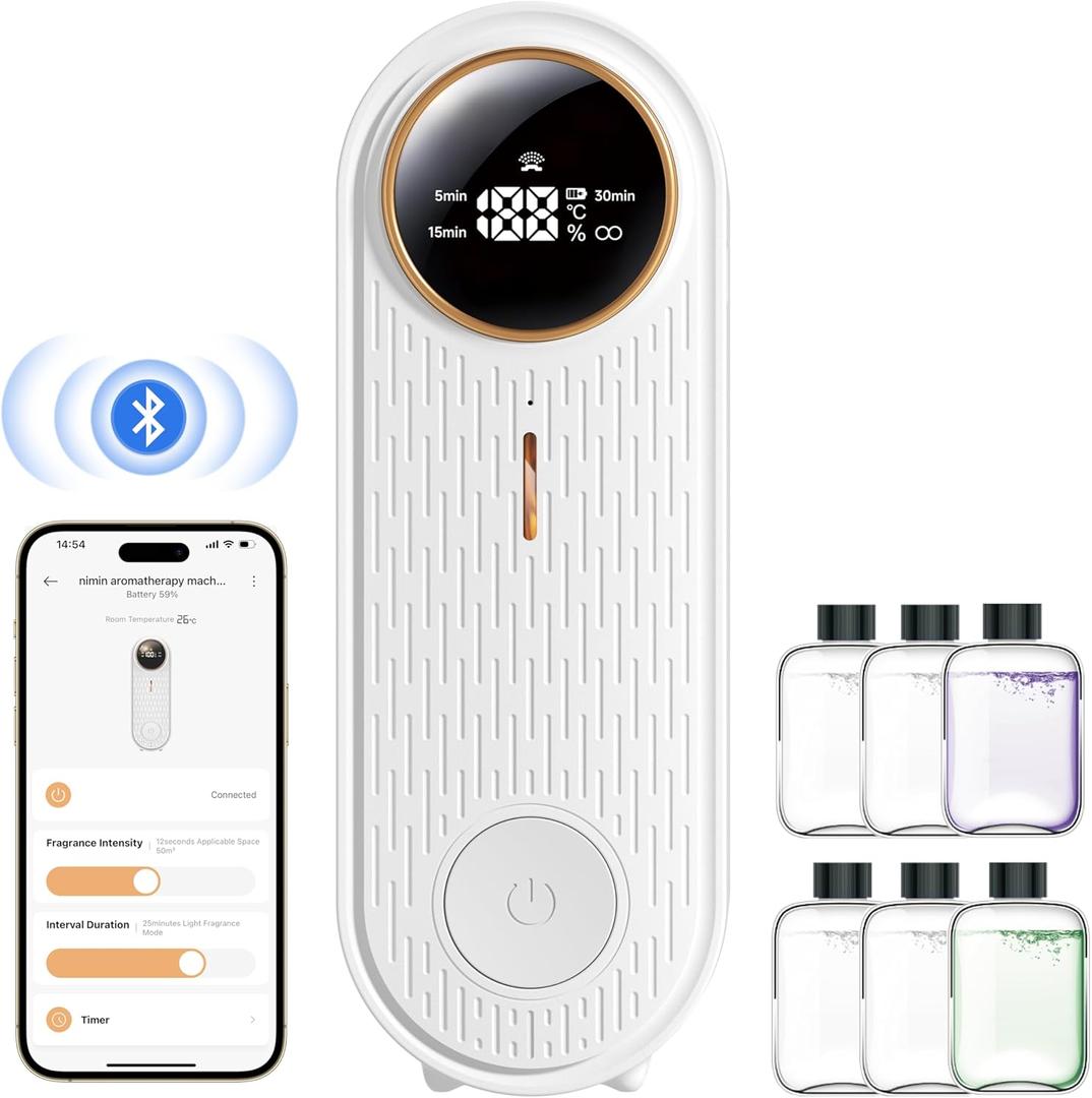 Essential Oil Air Freshener Diffuser with App Control - Waterless Aromatherapy Diffuser for Home, Office, Bathroom | 6 Essential Oils Included, Temperature Display
