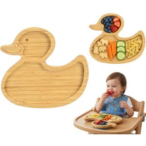Bamboo Plates for Kids, Wooden Divided Plate Duck Design Promotes Self-Feeding,Toddler Plates Ideal for Busy Moms & Dads