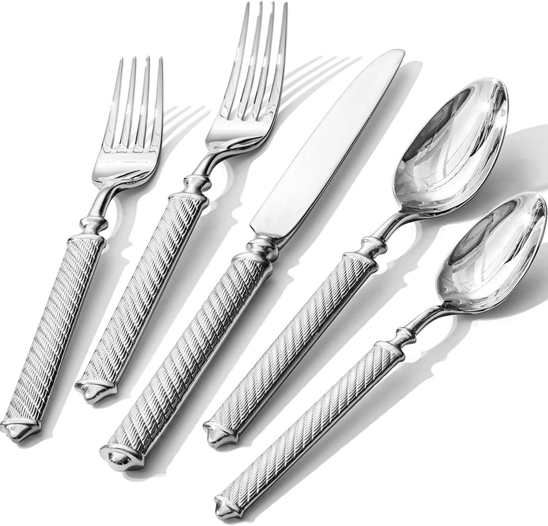 KINGSTONE Retro Rope-Pattern Silverware Set, 60-Piece Flatware Set Cutlery Set Forged with Handcrafted Texture Handles 18/10 Stainless Steel, Dishwasher Safe