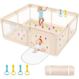 Abdtech Playpen for Babies and Toddlers 79x71inch - Extra Large Baby Gate Play Pen with Soft Breathable Mesh Cover - Indoor and Outdoor Baby Playard - Portable Playpen for Babies (Apricot)