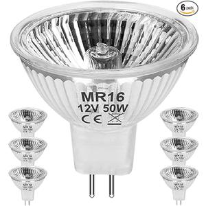 Jaenmsa MR16 12V 50W Halogen Light Bulbs 2 Pin, 6 Pack MR16 Halogen Bulb 50W GU5.3 Base Dimmable Indoor Outdoor Flood Halogen Small Light Bulb 2800K Warm White for Landscape, Track Lights