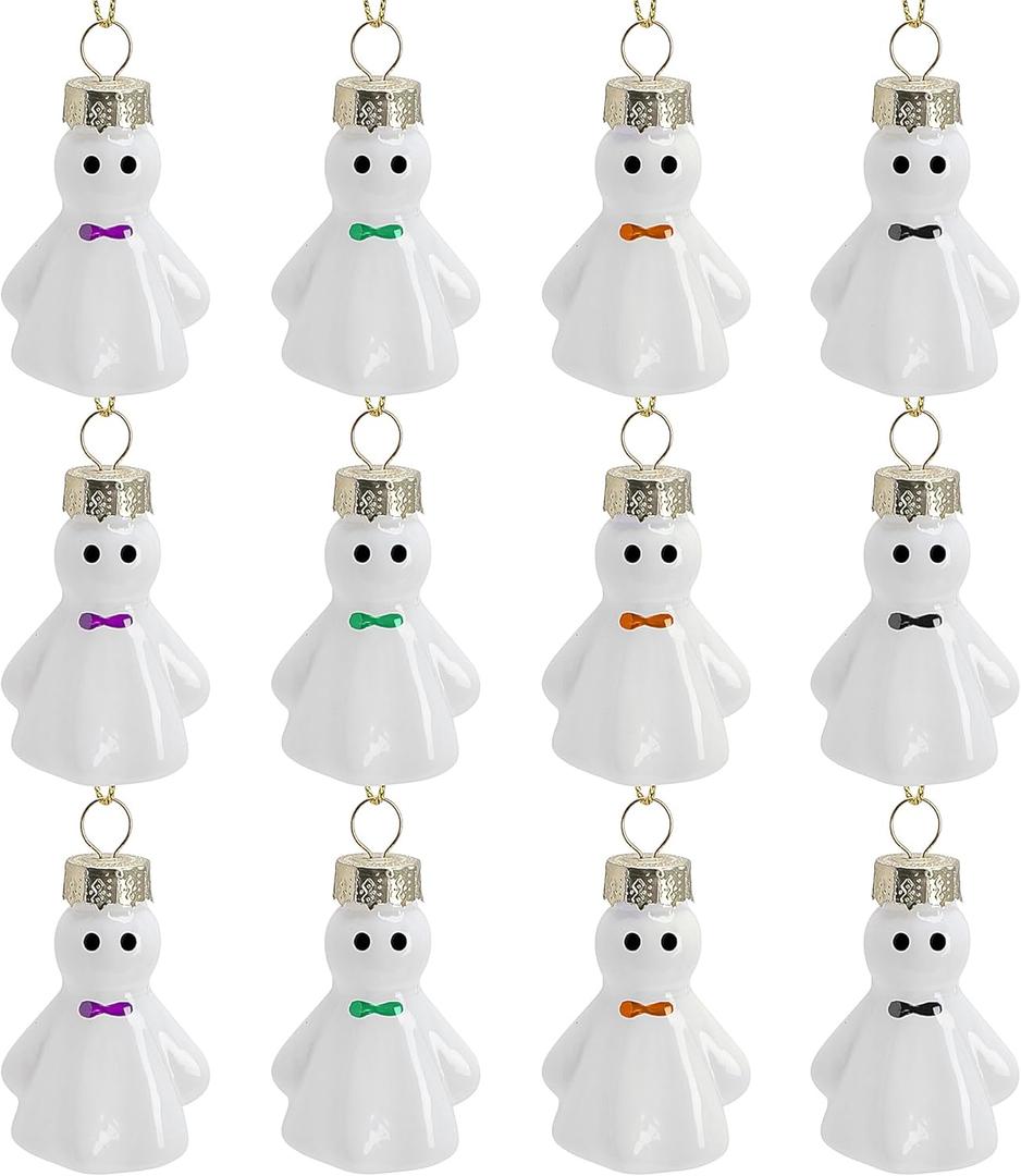 2 x Watayo 12 Pcs Halloween Hanging Ghosts Glass Ornaments, 1.8" x 1.3" Small Ghosts Pendant Tree Decorations, Farmhouse Rustic Glass Ghost Ornaments for Haunted House Yard Lawn Tree Party Decor (B Style)