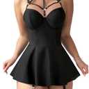 Foxiny Sexy Strappy Leather Underwire Choker Garter Belt Mini Lingerie Set Dress with Thong 3 Piece Women Latex Push Up Night Wear Outfits Matte Black, Size Medium