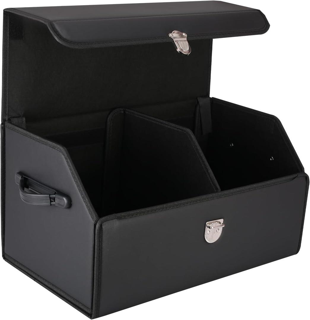 Trunk Organizer for Car, SUV Trunk Organizer Leather Storage, Cargo Box-Automotive Consoles Organizers-Multi-Compartment Adjustable Auto Grocery Home Storage Box (Medium, Black)