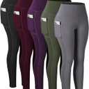 CHRLEISURE Leggings with Pockets for Women, High Waisted Tummy Control Workout Yoga Pants (Large, 5 Packs - Black/Army Green/Grey/Purple/Cassis)