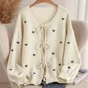 Kipfall Womens Bow Tie Front Cardigan Sweaters Long Puff Sleeve Cute Print Jacket Coats 2025 Trendy Fall Winter Outfits, Large