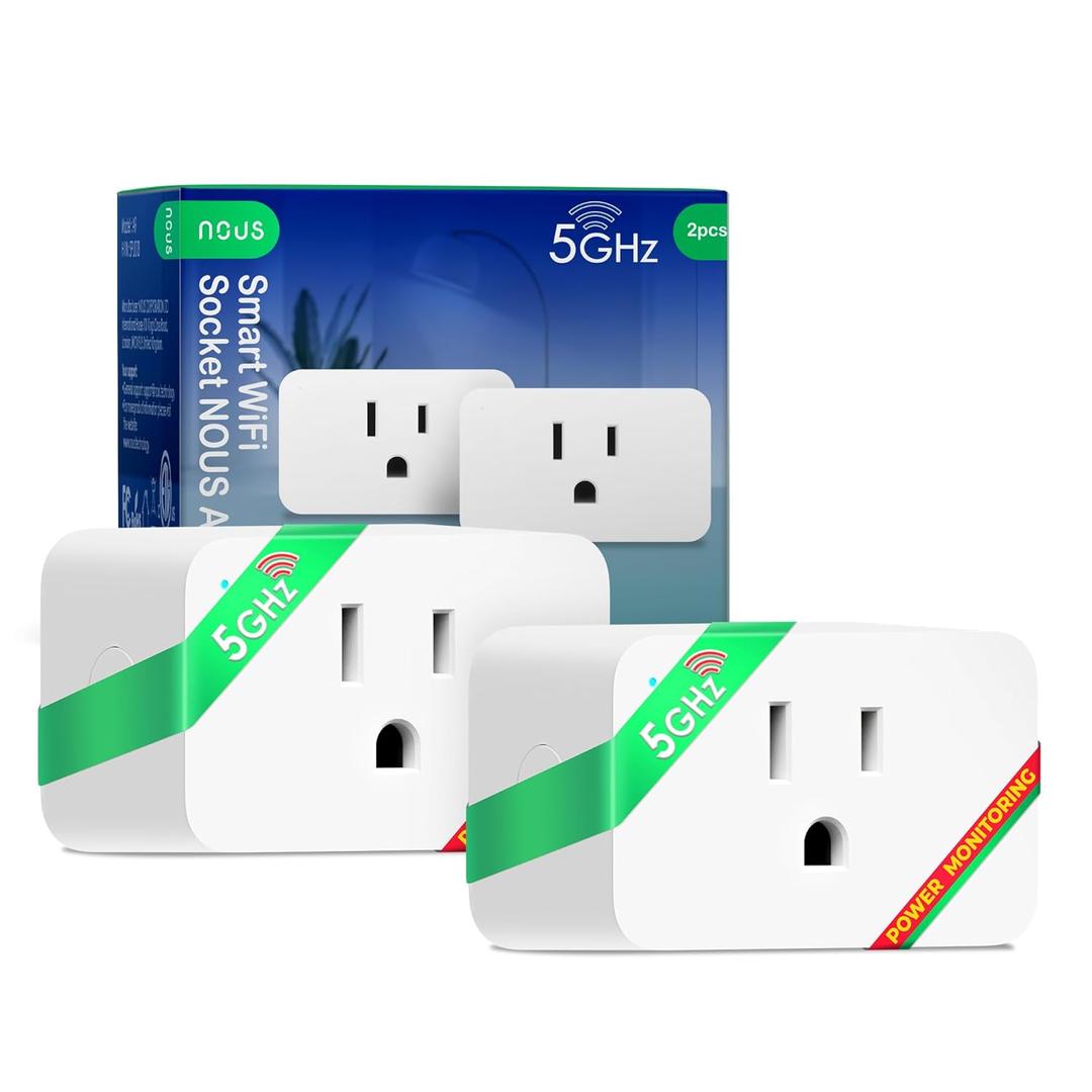 NOUS Wi-Fi Smart Plug 15A, Dual-Band 2.4GHz & 5GHz, Energy Monitoring, Compatible with Alexa, Google Home, Tuya Smart App, Remote Control, Timer, Compact Design, Smart Outlet, 2 Pack