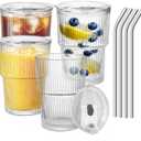 4pcs Glass Cups with Lids and Straws,14Oz Ice Coffee Cups With Lids Glass Tumbler With Straws,Glasses Go to Traveling Mugs For Cold Drinks Smoothie Juice Drinking (13.9 Ounces)