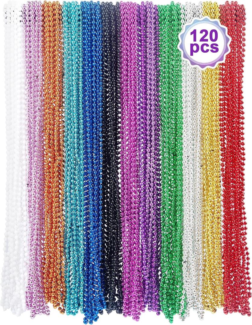 Mardi Gras Beads，120Pcs Bead Necklace 12 Colors 33" Colored Beads Bulk Necklace，Throw-Ins Christmas Pirate Carnival Party Costume Accessories Bulk Party Gifts Women Men