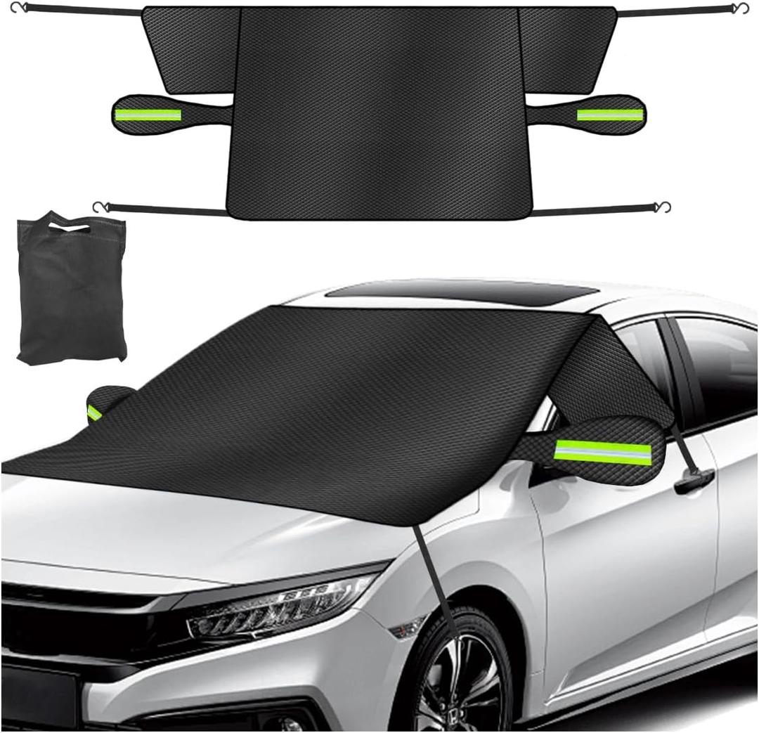 Car Windshield Ice Snow Cover with Magnetic Edges, Heavy Duty Oxford Fabric Windscreen Protector Cover with Side Mirror Covers, Winter Waterproof Frost Cover for Car Truck SUV RV (Green)