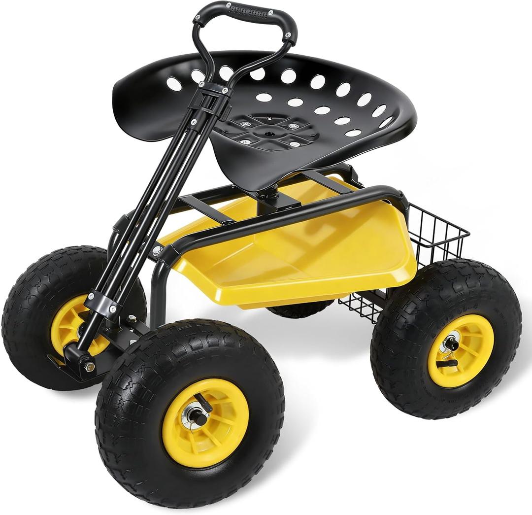 Sekey Garden Cart Rolling Workseat, Heavy Duty Garden Scooter with 360 Swivel Seat & Adjustable Height, Tool Tray & Storage Basket, 440 lbs Capacity, All-Terrain Wheels, for Seniors & Gardeners