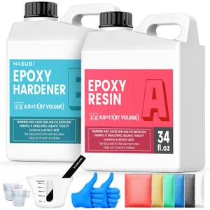 NASUBI Epoxy Resin Kit - 68OZ Crystal Clear Resin for Crafts, Mold, Wood, Jewelry Making, Art Casting Resin for Art, NO Bubble, 2 Part Clear Epoxy with Silicone Cups, Sticks, Pigment