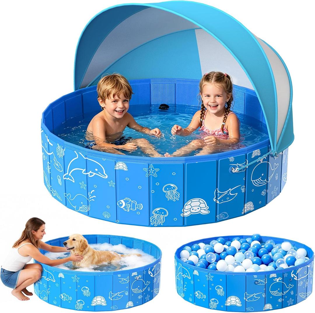 Kiddie Pool with Canopy, 48" Foldable Kids Baby Pool for Toddlers, Portable Small Swimming Pool Hard Plastic with Shade & Carry Bag for Beach Backyard Water Play