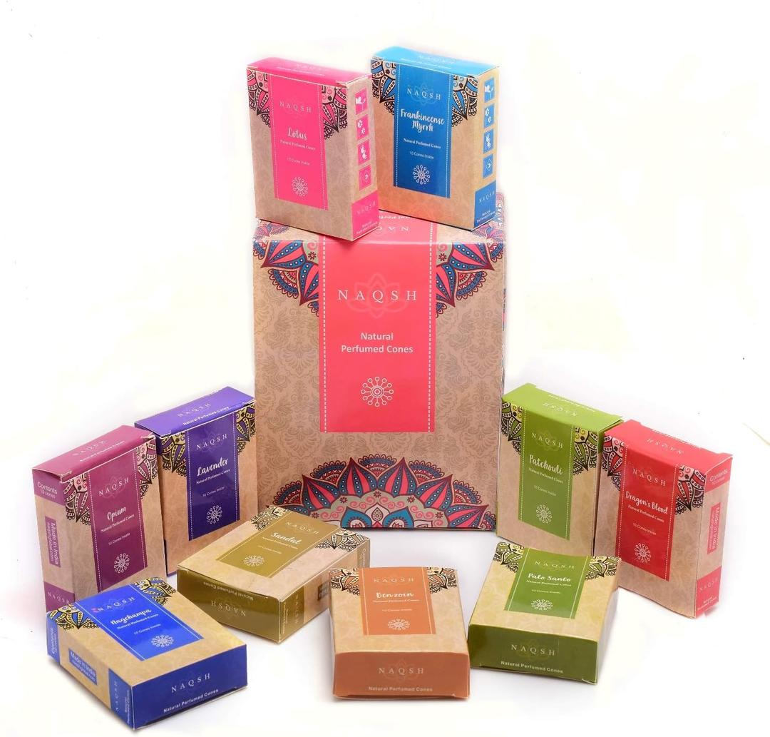 NAQSH Hand Rolled Incense Cones Scented Long Lasting Aroma for Positivity & Pure Air Meditation, Yoga, Aromatherapy, Relaxing & Refreshing (12, Natural Perfumed Cones)