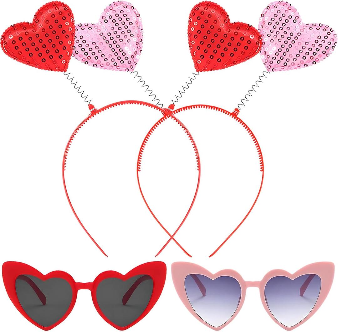 4Pack Valentines Headbands for Women - Valentines Day Heart Headband and Heart Shaped Glasses - Sequin Valentines Headband for Valentines Day Decorations for Party - Holiday Costume Party