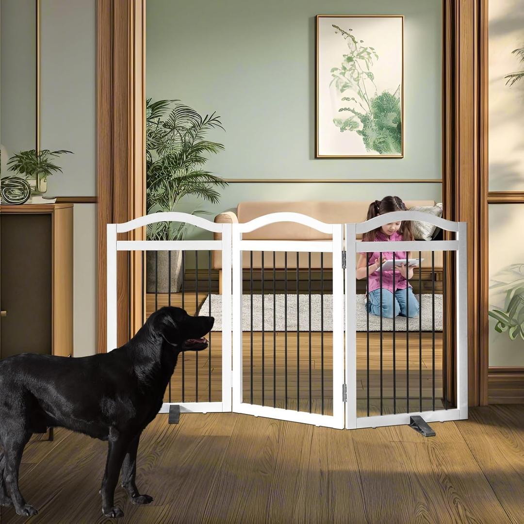 Freestanding Dog Gate Indoor Wooden Pet Gates for Doorways White Foldable Dog Fence for Stairs Puppy Gate for The House,Support Feet Included,Cedar,32" Height-3 Panels (3 Panels60''W x 32''H)