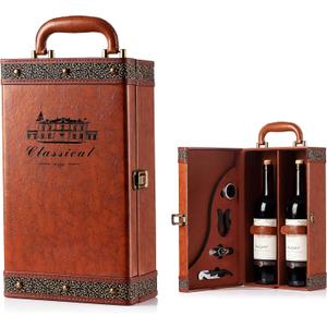 Wine Gift Box with 4 Wine Accessories Set, Portable Two Bottle Wine Carrier Case for Christmas, Wedding, Anniversary, Party, Vintage Leather Wine Storage Box for Home Bar Decor and Wine Collection