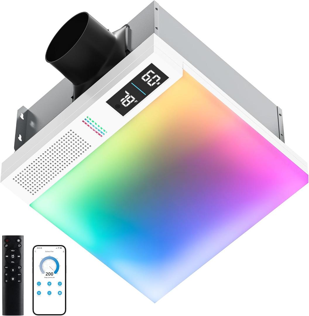 VallisCo Bathroom Exhaust Fan with Light, Bluetooth Speaker, Odor & Humidity Sensors, 230 CFM Quiet Ceiling Fan with 3 Dynamic RGB Lighting, 3CCT - Remote App Control - Compatible with Alexa, Pro