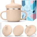 BUSOHA Stainless Steel Toddler Sippy Cup  8oz Spill-Proof Straw Cup for 6+ Month Babies & Toddlers, 3-in-1 Reusable Travel Cup with Brush  Dishwasher Safe, Kids Drinking Cup,Beige