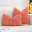 OTOSTAR Corduroy Decorative Throw Pillow Covers 24x24 Inch Super Soft Boho Striped Square Pillow Covers Case Modern Cushion Covers for Sofa Couch Bedroom Car Decor Coral