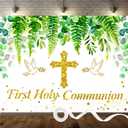 Greenery First Holy Communion Backdrop 8x6ft Polyester God Bless Baptism Photo Banner for Boys Girls Newborn Christening Confirmation Backdrop with Ribbon