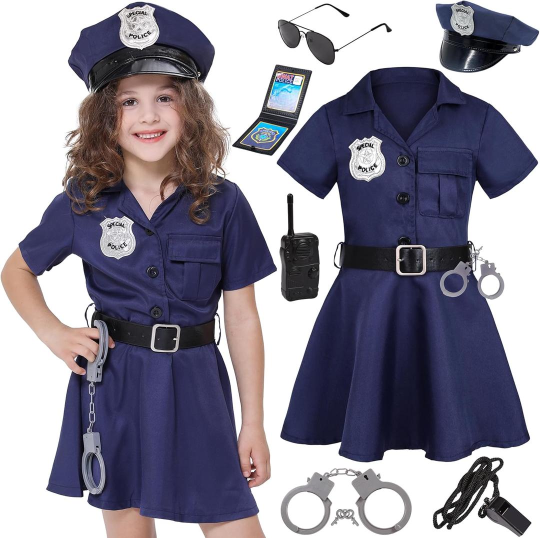 Girls Police Officer Costume Kids Cop Outfit for Halloween Role Play Dress Up (9-10 Years)