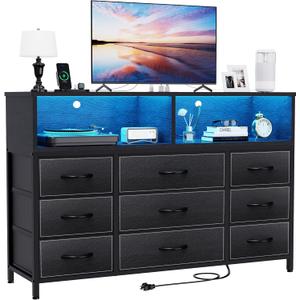 Black Dresser for Bedroom, 9 Drawers Led Dresser TV Stand with Power Outlets and LED Lights, Long Fabric Dressers Wide Chest of Drawers with Large Organizer for Living Room, Entryway, Hallway
