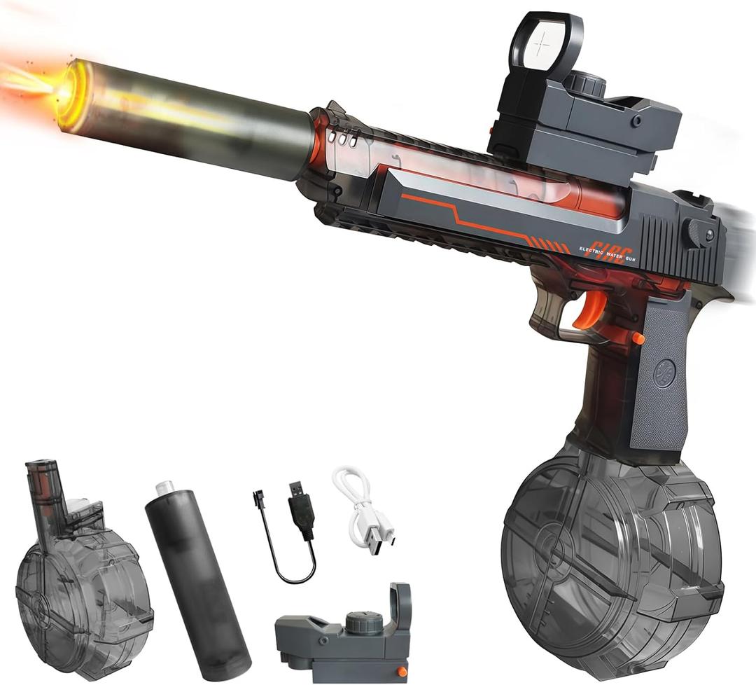 Super Electric Water Gun for Adults Kids with Muzzle Flash & Recoil Effect, Powerful 425CC High Capacity Automatic Squirt Guns Up to 32 FT Range for Swimming Pool Party Beach Outdoor Activity (Transparent Gray)