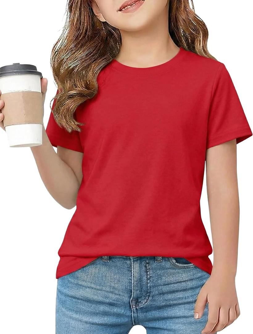 Girls Summer Short Sleeve T Shirts Casual Kids Tops Crewneck Tees Tween Girls Basic Clothes 12-13 Years (Red)