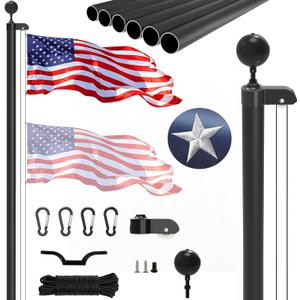 25FT Sectional Flag Pole Kit, Extra Thick Heavy Duty Aluminum Flagpoles for Outside House Inground with 3'*5' American Flag and Black Ball Topper for Residential or Commercial Use, Black
