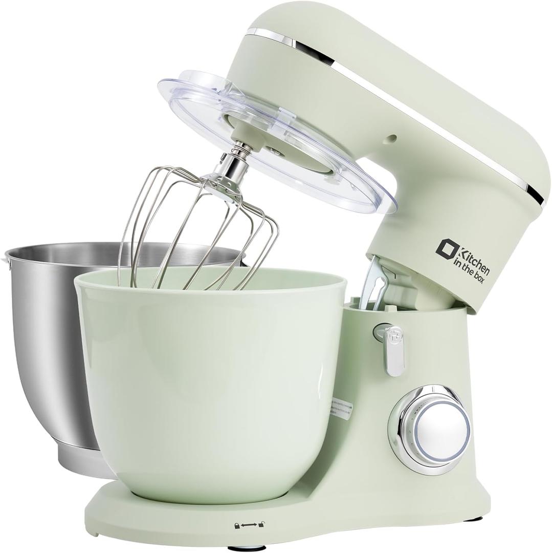 Kitchen in the box Stand Mixer, 4.5QT+5QT Two bowls Electric Food Mixer, 10 Speeds 3-IN-1 Kitchen Mixer for Daily Use with Egg Whisk, Dough Hook, Flat Beater (Green, 5QT)