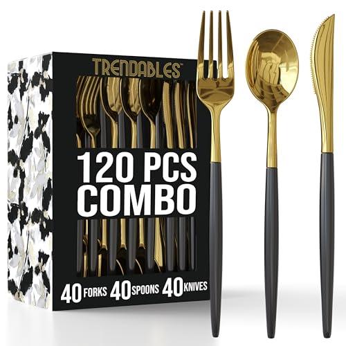Trendables 100 Pack Disposable Silverware Set - Silver Cutlery Dinnerware - Includes 40 Plastic Forks, Spoons, Knives - Black & Gold Plastic Silverware Party Set