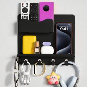 Bedside Shelf Wall Mount, Adhesive Bedside Shelf Accessories Organizer with Hooks and Cable Clips,Dorm Bedside Wall Storage for Phone, Remote, Earphone,Plastic (Black)
