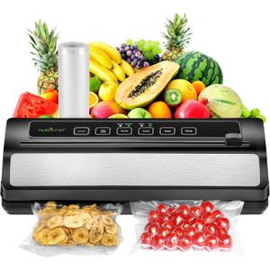 NutriChef Food Vacuum Sealer Machine, Stainless Steel & ABS Body, Automatic Sealing System for Dry and Moist Foods, LED Touch Controls, Includes Bags, Hose & Roll Cutter, 110W Suction Power, 14"x6"
