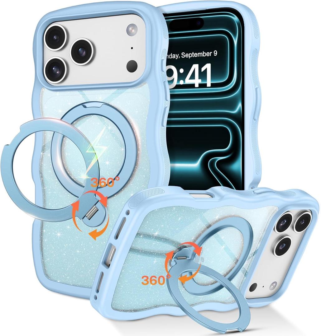 for iPhone 17 Pro Max Case with 360 Magnetic Stand, Clear Glitter Cute Curly Wave iPhone 17 Pro Max Phone Case Compatible with MagSafe, Ring Kickstand Shockproof Cover for Women Men,Blue