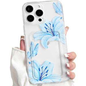 2 x NITITOP Compatible with iPhone 14 Pro Max Case with Card Holder Clear Cute Floral Lily Flowers Butterfly for Women Girls Soft TPU Shockproof Wallet Case Protective Phone Cover - Blue