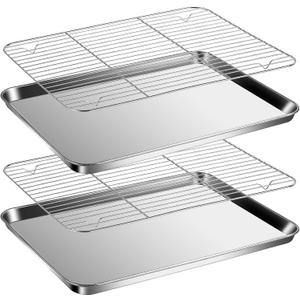 Baking Sheet & Rack Set [2 Sheets + 2 Racks], Stainless Steel Cookie Pan with Cooling Rack, Non Toxic & Heavy Duty & Easy Clean Size 18 x 13 x 1 Inch