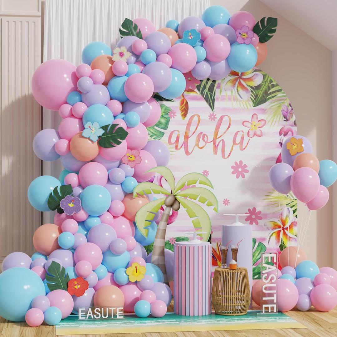 2 x Moana Birthday Decorations Pink Purple and Blue Balloon Arch Kit with Summer Hibiscus Stickers for Tropical Hawaii Luau Tiki Magic Theme Party Supplies