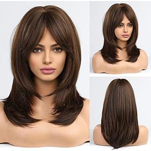 Alanhair Brown Wigs for Women,HAIRCUBE Long Layered Wigs with Bangs Heat Resistant Synthetic Fibre Wigs