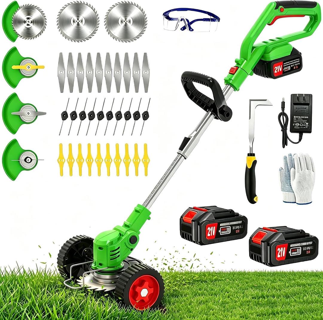 Cordless Weed Wacker Electric Eater Battery Powered, 21V 4 in 1 Lightweight Portable Stringless Weed Trimmer x 2 Battery Operated, Grass Trimmer/Brush Cutter/Lawn Edger with Wheels for Garden Yard